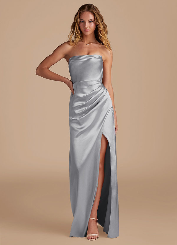 Azazie Leonis Bridesmaid Dresses Silver Mermaid Pleated Metallic Satin Convertible Dress image1