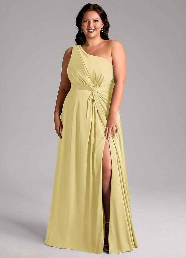 Azazie Brooke Bridesmaid Dresses Lemon Sorbet A-Line One Shoulder Stretch Satin Dress image1
