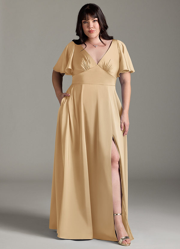 Azazie Kimber Bridesmaid Dresses Gold A-Line Ruched Stretch Satin Dress image1
