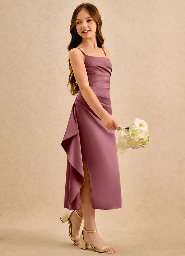 Azazie Canna Girls Formal Sukienki dla dziewczynek sypiących kwiaty Linia A Pofałdowany Satyna elastyczna Długość herbaty Sukienka image1