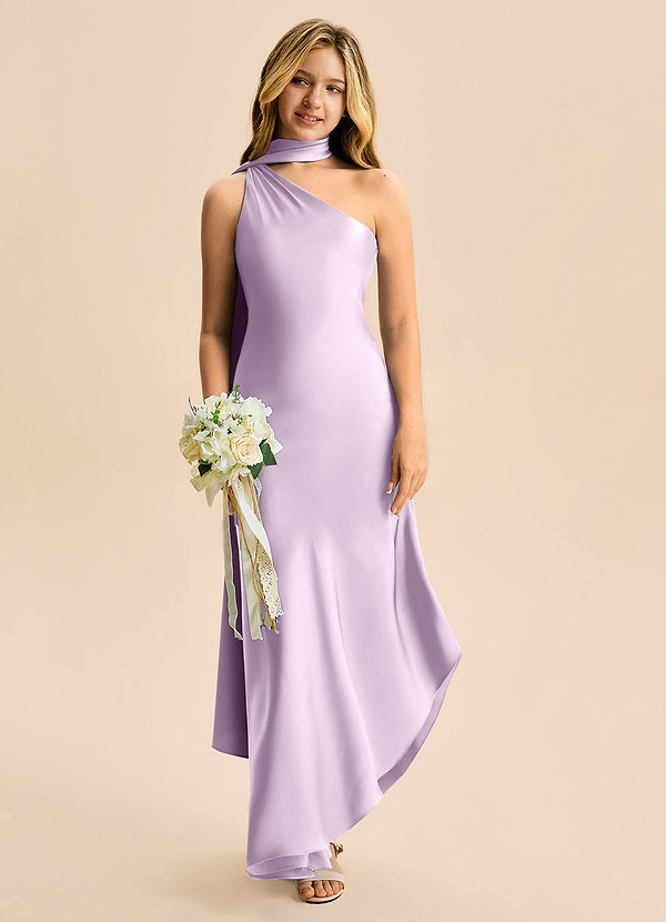 Azazie Briony Junior Vestido Lilás Fosco de Cetim elástico de Bainha com Plissado image1