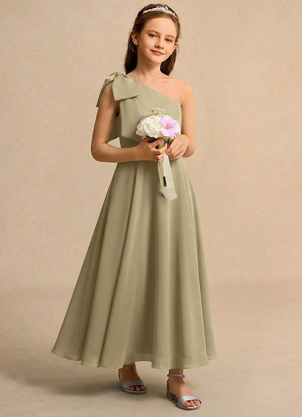 Azazie Guppy Girls Formal Flower Girl Dresses Moss Green A-Line One Shoulder Chiffon Dress image1