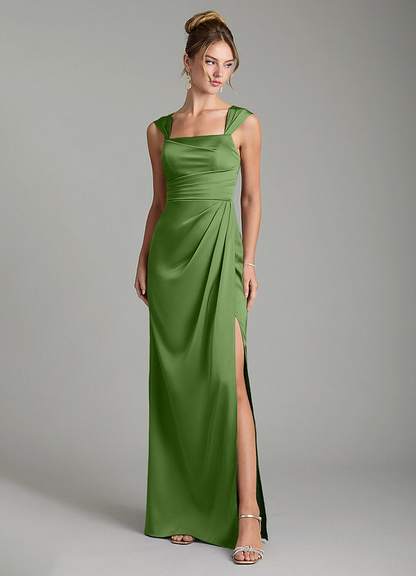 Azazie Filippa Bridesmaid Dresses Basil A-Line Pleated Stretch Satin Dress image1