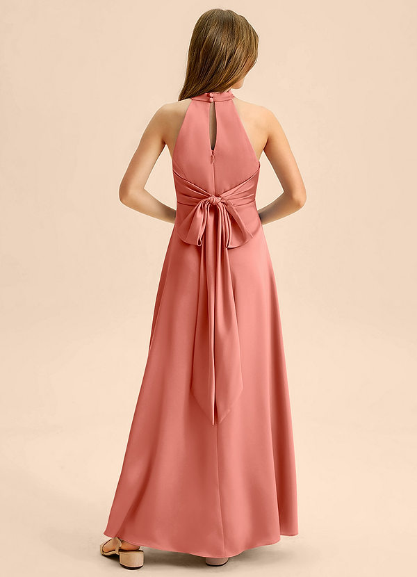 Azazie Beah Junior Salmon Pink A-Line Pleated Stretch Satin Dress image1