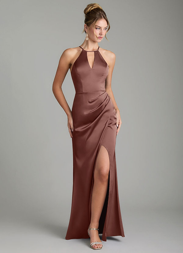 Azazie Aidyn Bridesmaid Dresses Espresso Sheath Pleated Stretch Satin Dress image1