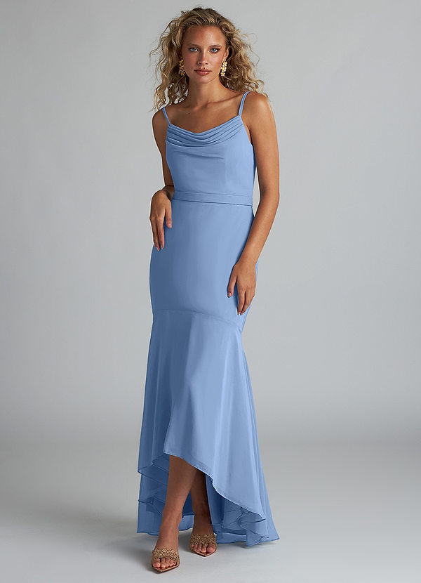 Azazie Summer Bridesmaid Dresses Steel Blue Mermaid Scoop Cowl Chiffon Dress image1