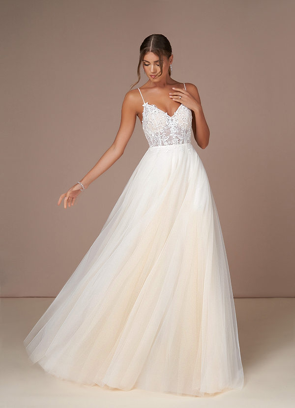 Azazie Tatiana Wedding Dresses Diamond White Champagne A-Line V-Neck Sequins Tulle Dress image1