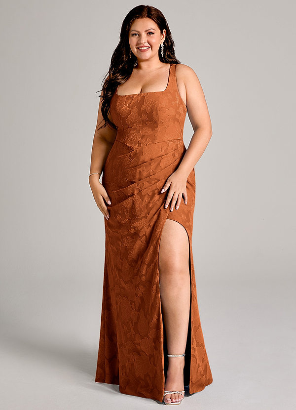 Azazie Mero Bridesmaid Dresses Burnt Orange Sheath Pleated Floral Burnout Dress image1