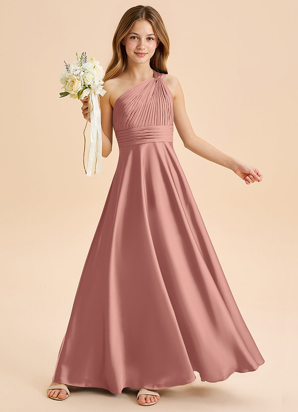 Azazie Charlize Junior Rosette A-Line Pleated Stretch Satin Dress image1