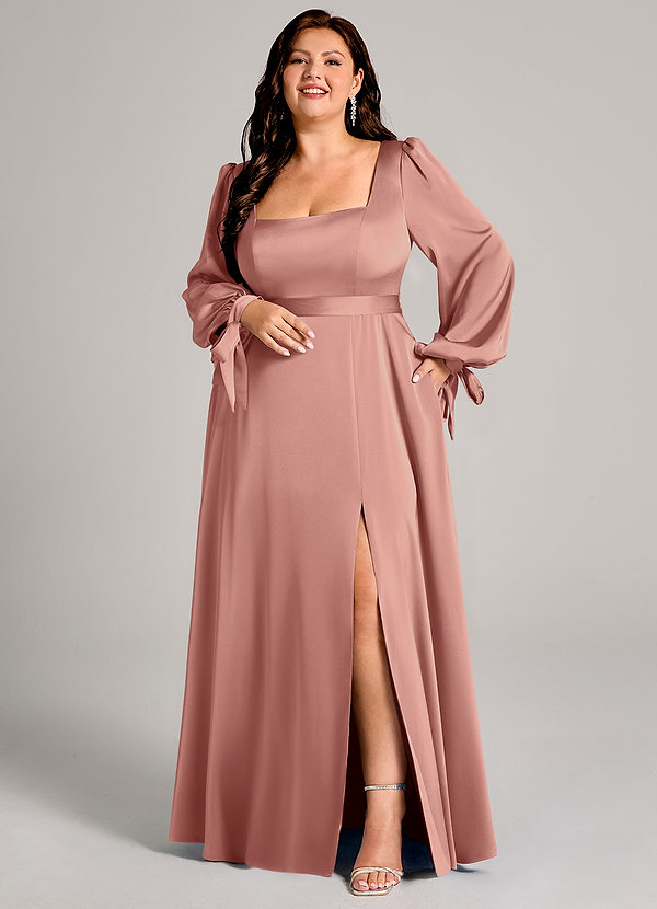 Azazie Leonia Robes Demoiselle d'honneur Robe Trapèze en Satin extensible Manche longue Rosette image1