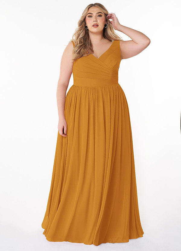 Azazie Keyla Bridesmaid Dresses Butterscotch A-Line V-Neck Pleated Chiffon Dress image1