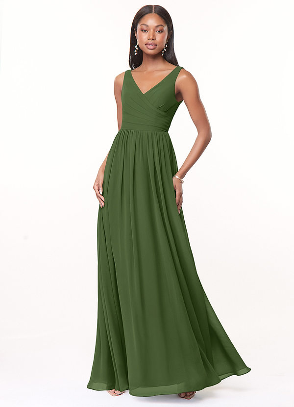 Azazie Keyla Bridesmaid Dresses Olive A-Line V-Neck Pleated Chiffon Dress image1