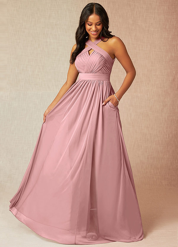 Azazie Hillian Bridesmaid Dresses Dusty Rose A-Line Halter Pleated Mesh Dress image1