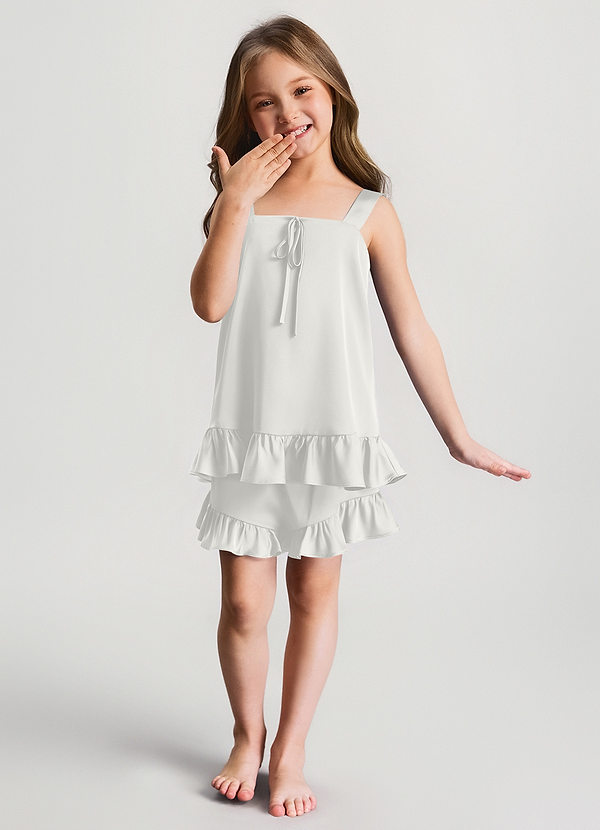 front White Girls Satin Ruffle Top and Shorts Pajama Set