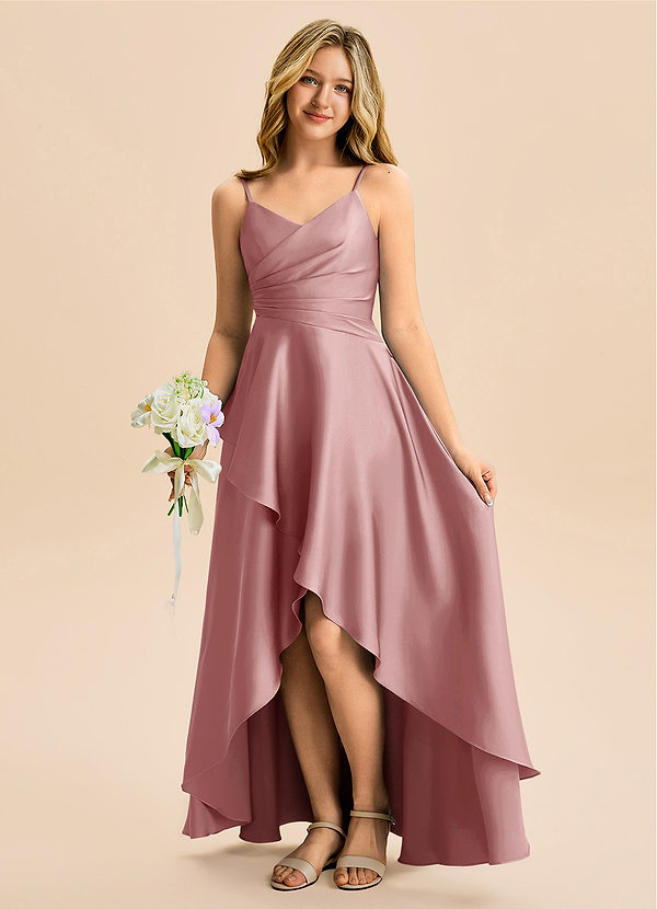 Azazie Eirlys Junior Dusty Rose A-Line Pleated Stretch Satin Dress image1