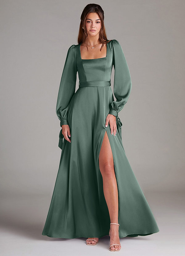 Azazie Leonia Bridesmaid Dresses Sea Moss A-Line Long Sleeve Stretch Satin Dress image1