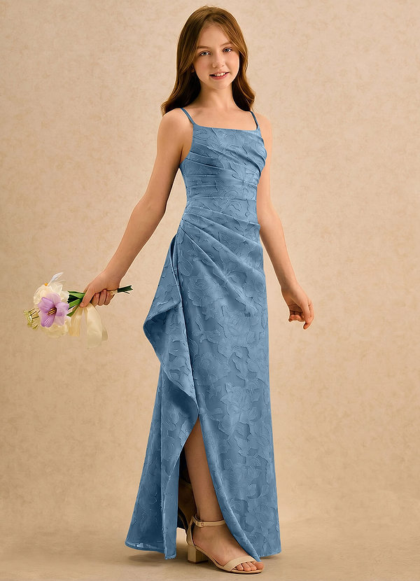Azazie Cannoli Girls Formal Flower Girl Dresses Steel Blue A-Line Pleated Floral Burnout Dress image1