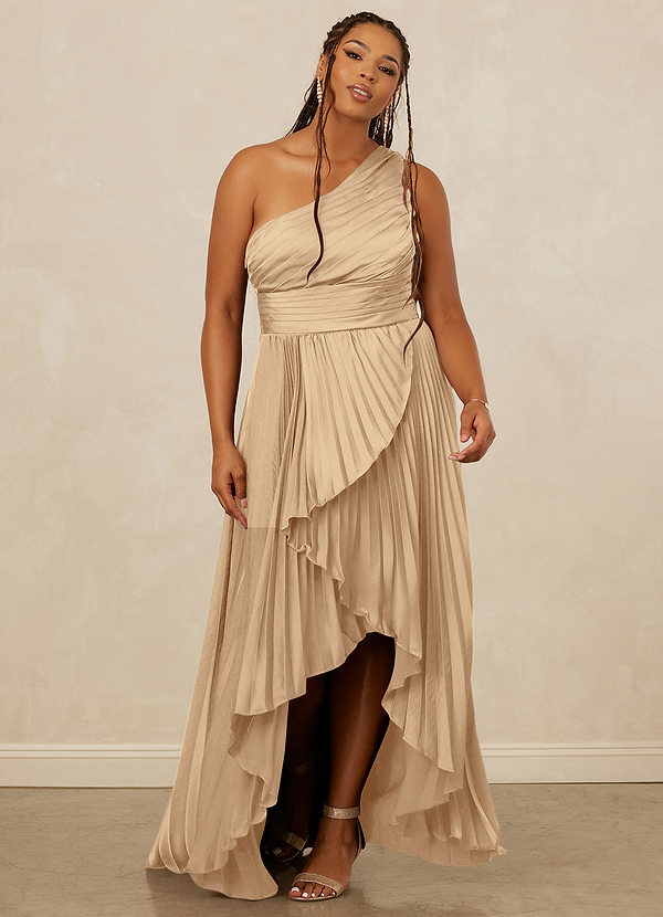 Christian Siriano Bridal for Azazie 1008 Bridesmaid Dresses Champagne A-Line One Shoulder Stretch Satin Dress image1