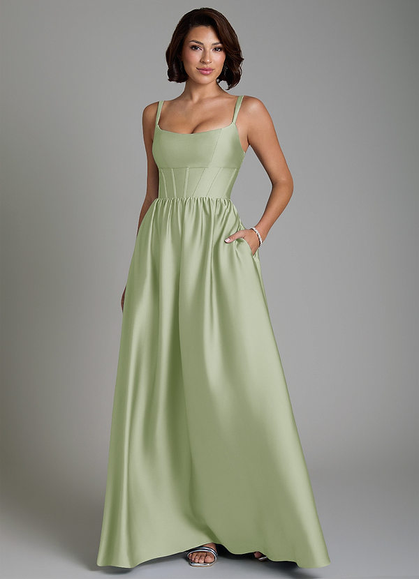 Azazie Mona Robes de demoiselle d'honneur Robe Trapèze en Satin extensible Corset Vert Sauge image1