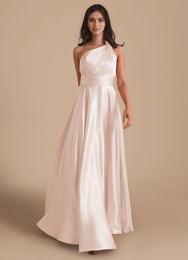 Azazie Charlize Bridesmaid Dresses Rose Gold A-Line One Shoulder Metallic Satin Dress image1