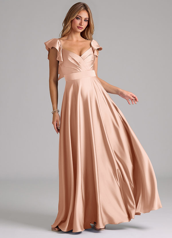 Azazie Leilani Bridesmaid Dresses Rose Gold A-Line Ruched Stretch Satin Dress image1