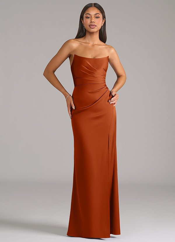 Azazie Marla Robes de demoiselle d'honneur Robe Fourreau Convertible en Satin extensible Bustier Orange Brûlée image1