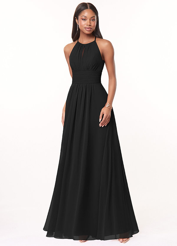 Azazie Bonnie Bridesmaid Dresses Black A-Line Keyhole Ruched Chiffon Dress image1