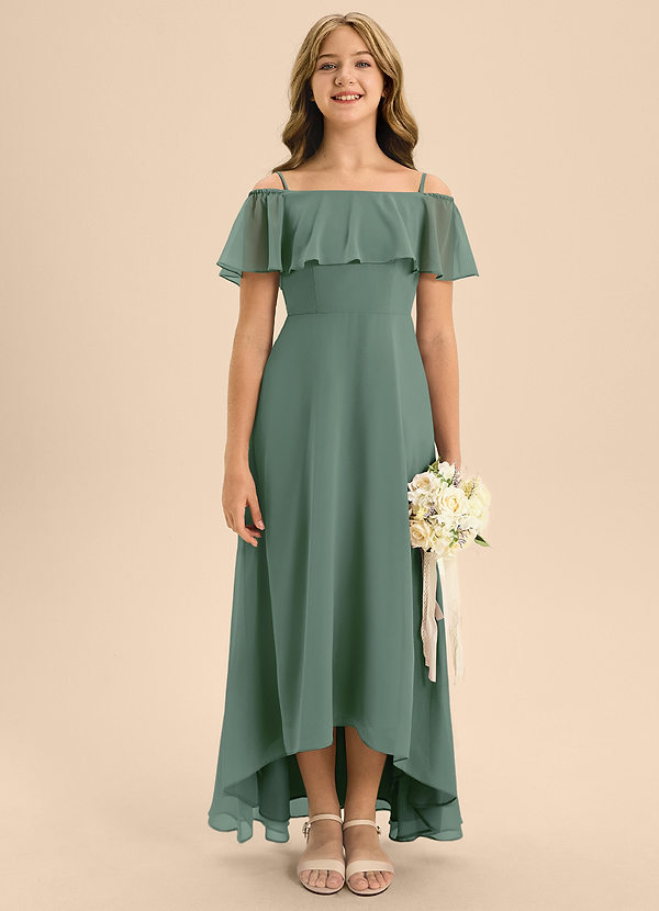 Azazie Maggie Junior Eucalyptus A-Line Off the Shoulder Chiffon Dress image1