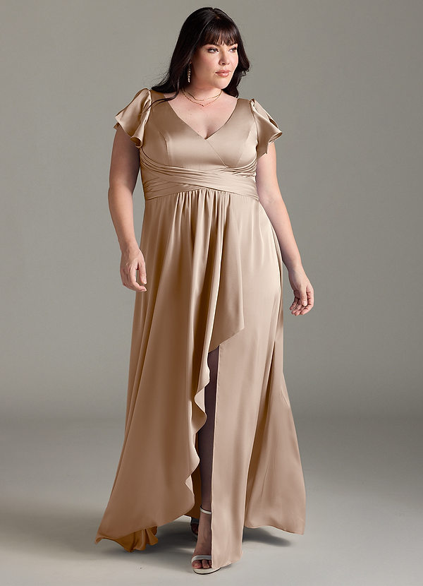 Azazie Omari Bridesmaid Dresses Taupe A-Line Stretch Satin Dress image1