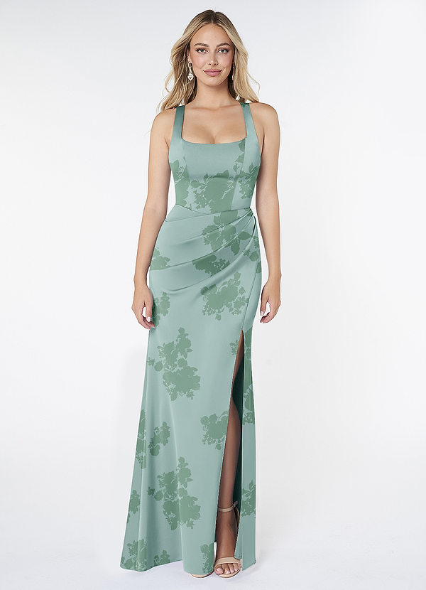 Azazie Mero Robes Demoiselle d'honneur Robe Sirène en Satin extensible Plissée Fleurs De Sauge Poussiéreuse image1