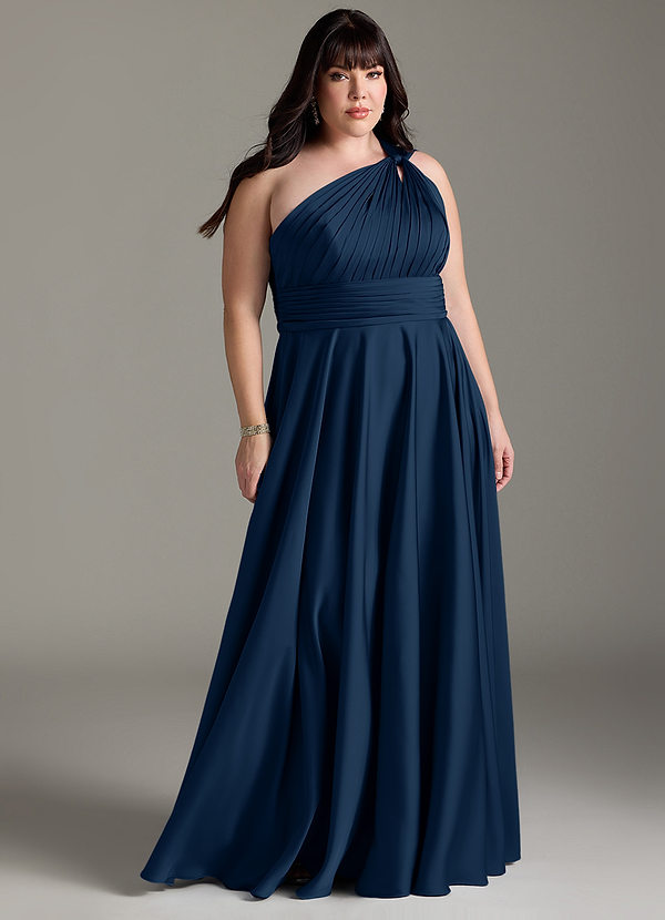 Azazie Charlize Robes Demoiselle d'honneur Robe Trapèze en Satin extensible Ue épaule Bleu Marine Foncé image1