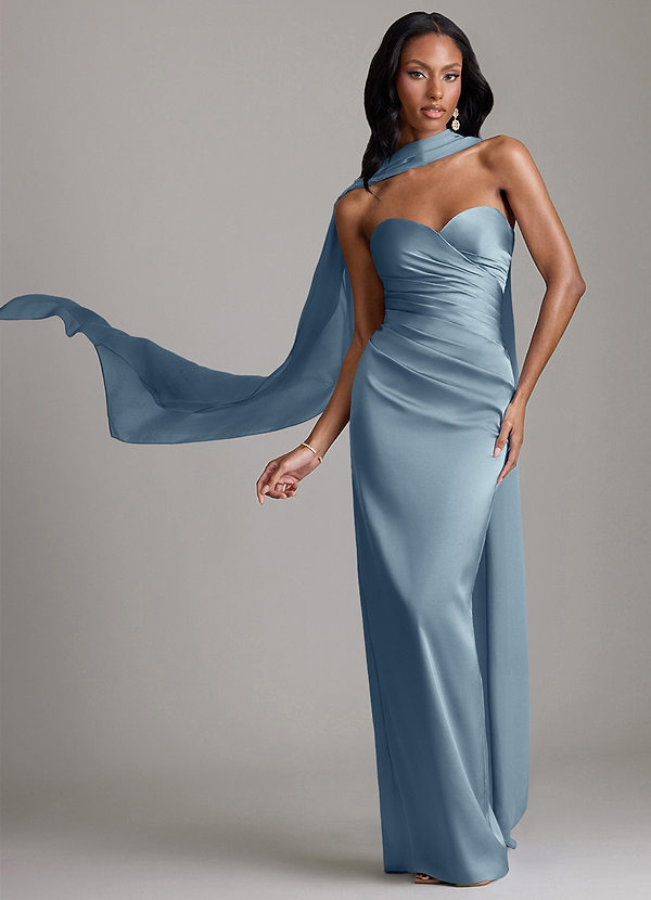 Azazie Sonora Bridesmaid Dresses Dusty Blue Sheath Strapless Stretch Satin Dress image1