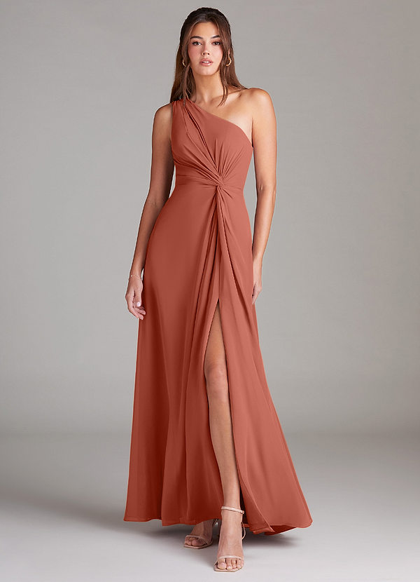 Azazie Brooke Robes Demoiselle d'honneur Robe Trapèze en Mousseline de soie Ue épaule Argile image1