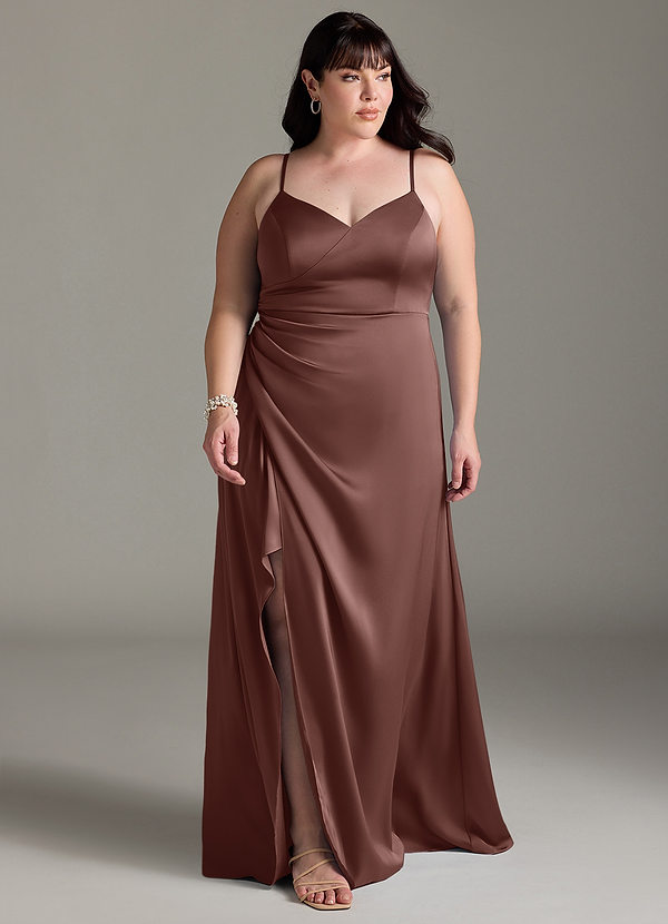 Azazie Marchella Bridesmaid Dresses Espresso A-Line Corset Stretch Satin Dress image1