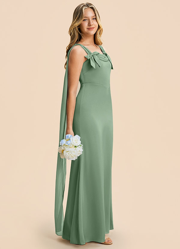 Azazie Chelsea Junior Matcha Sheath Pleated Stretch Satin Dress image1