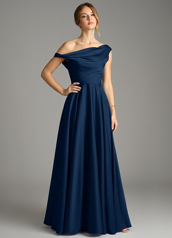 Azazie Xanthe Brudtärneklänningar Klänning av A-linje i Stretch Satin Off the shoulder Mörk Marinblå image1