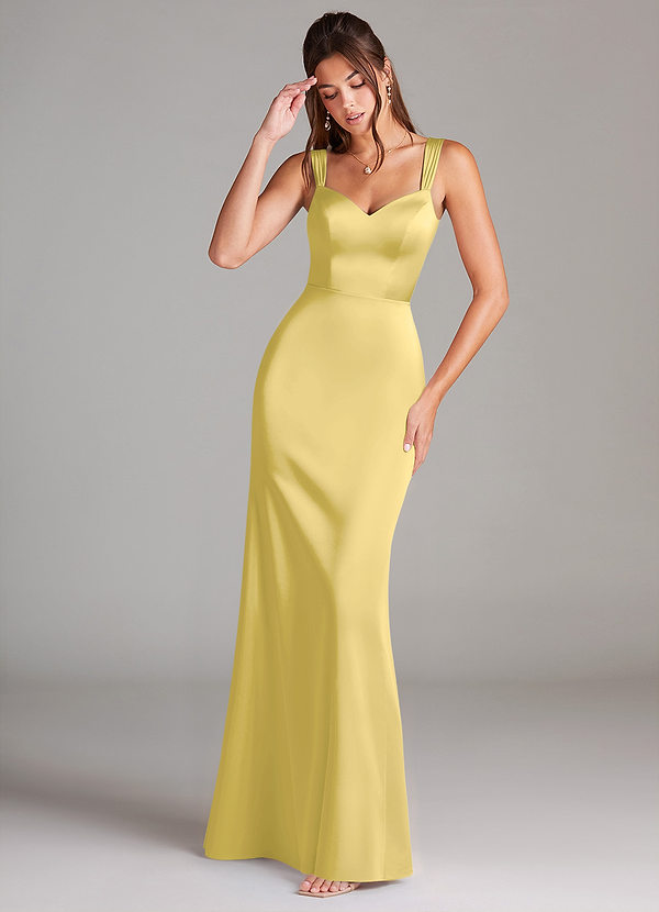 Azazie Denice Bridesmaid Dresses Canary Sheath Pleated Stretch Satin Dress image1