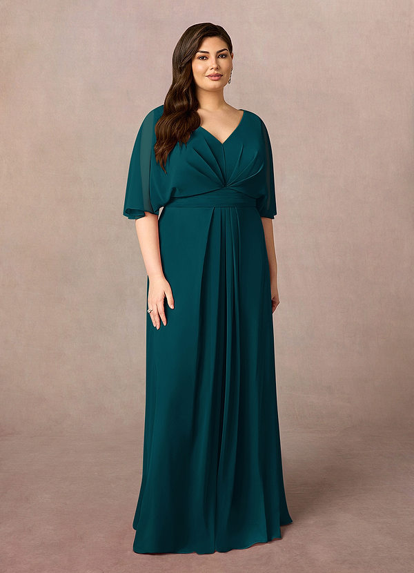 Azazie Oksana Mother of the Brides Dresses Pine A-Line V-Neck Pleated Chiffon Dress image1