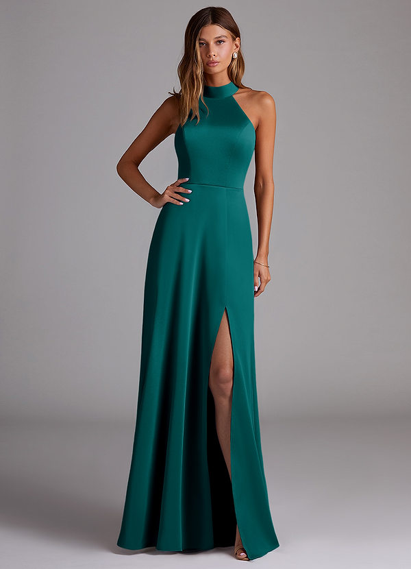 Azazie Myra Bridesmaid Dresses Peacock A-Line Side Slit Stretch Satin Dress image1