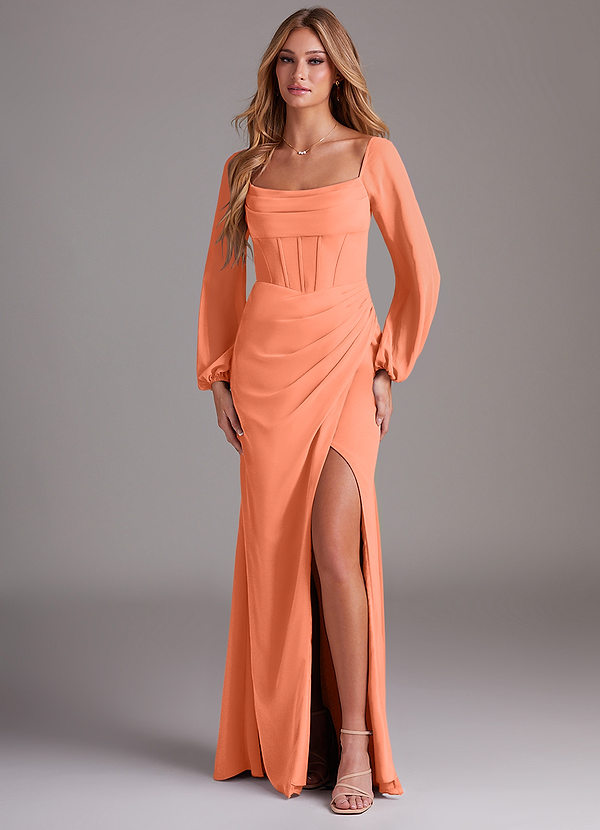 Azazie Charissa Bridesmaid Dresses Sunset Sheath Long Sleeve Chiffon Dress image1