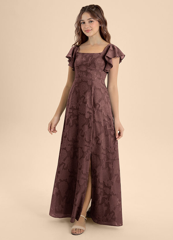 Azazie Bondi Junior Espresso A-Line Bow Floral Burnout Dress image1