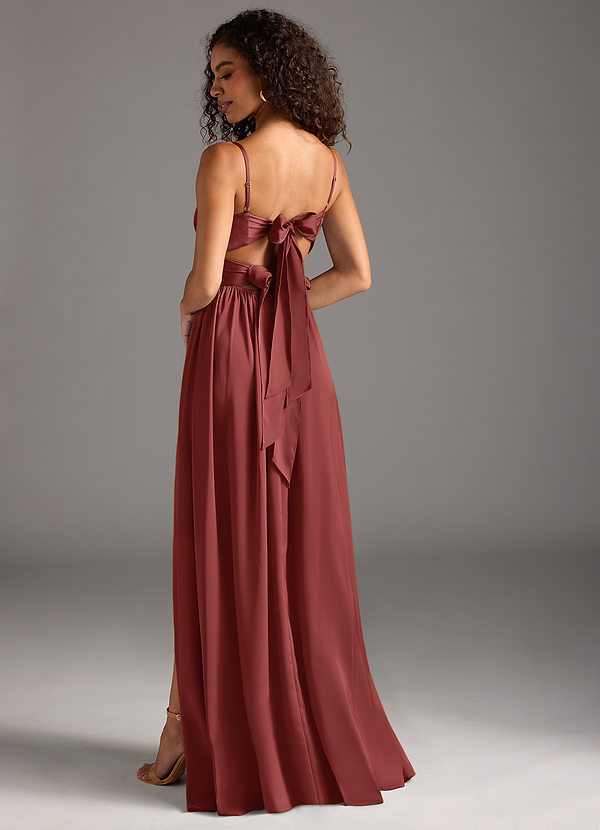 Azazie Zeya Bridesmaid Dresses Terracotta A-Line Pleated Stretch Satin Dress image1
