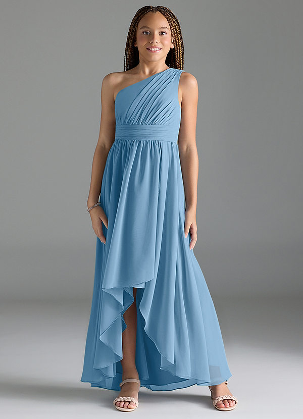 Azazie Mathilda Junior Steel Blue A-Line Pleated Chiffon Dress image1