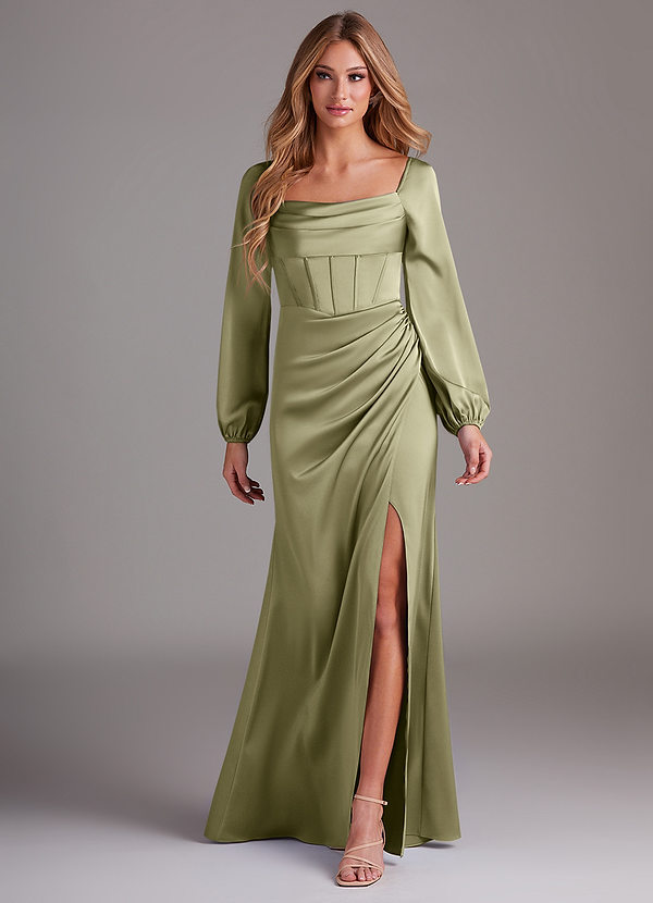 Azazie Charissa Bridesmaid Dresses Pistachio Sheath Long Sleeve Stretch Satin Dress image1
