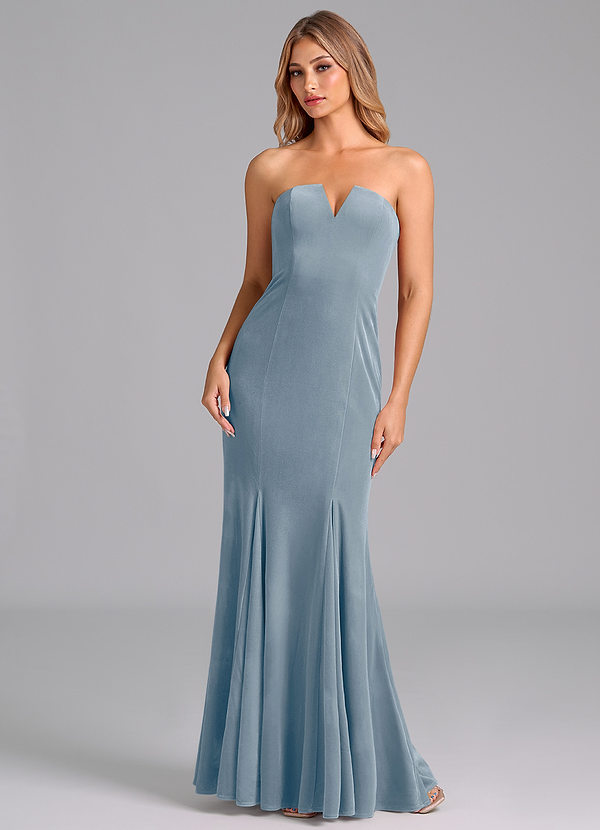 Azazie Yinnie Robes Demoiselle d'honneur Robe Sirène Convertible en velours Sans bretelle Bleu Poussiéreux image1