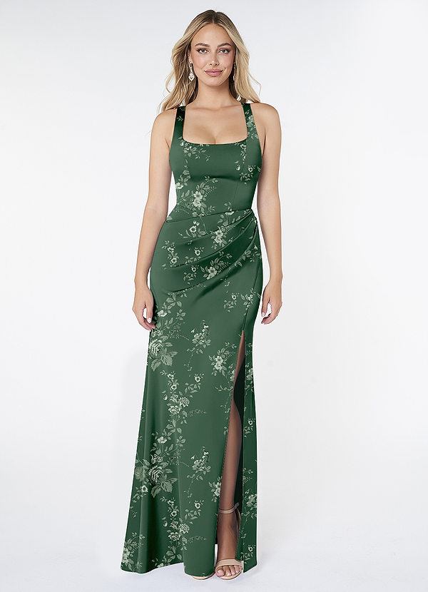 Azazie Mero Bridesmaid Dresses Eucalyptus Garden Floral Sheath Pleated Stretch Satin Dress image1