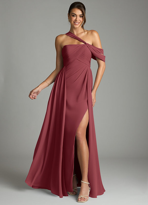 Azazie Kassandra Bridesmaid Dresses Vestido Merlot de Chiffon de Linha A com Fora do ombro image1