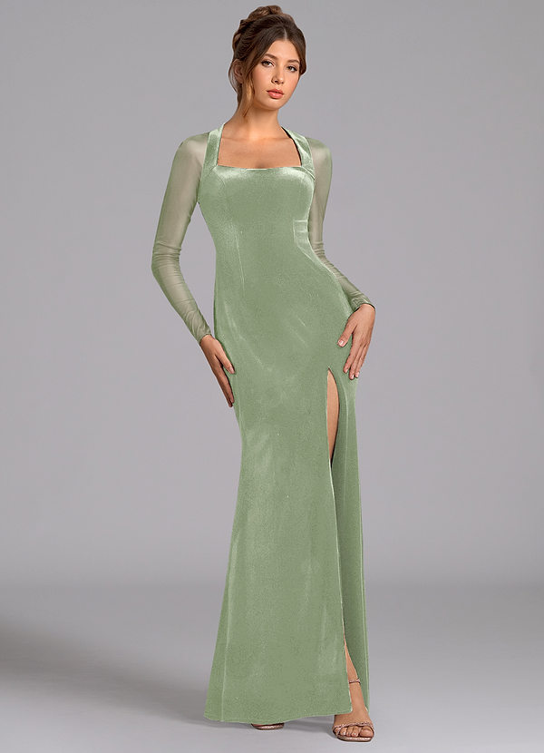 Azazie Megan Robes Demoiselle d'honneur Robe Sirène en Maille Manche longue Vert Sauge image1