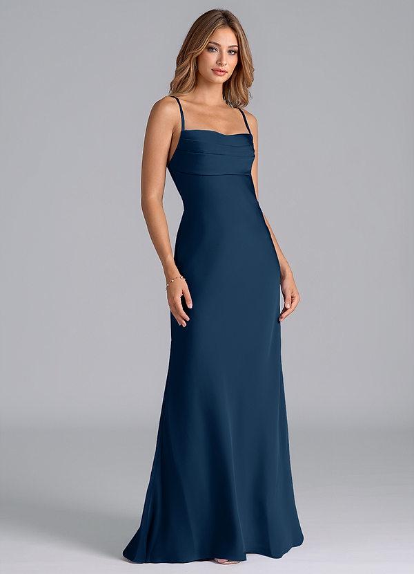 Azazie Seema Bridesmaid Dresses Dark Navy Mermaid Corset Stretch Satin Dress image1