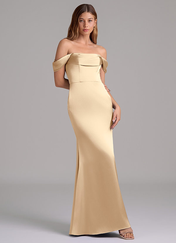 Azazie Miley 신부 들러리 드레스 인어 오프 더 숄더 스트레치 새틴 바닥 길이 드레스 image1